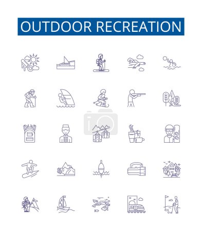 Illustration for Outdoor recreation line icons signs set. Design collection of Hiking, Camping, Fishing, Kayaking, Boating, Cycling, Climbing, Hunting outline vector concept illustrations - Royalty Free Image