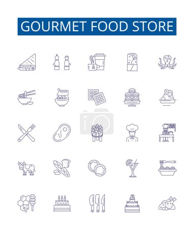 Illustration for Gourmet food store line icons signs set. Design collection of Gourmet, Food, Store, Delicacies, Groceries, Cuisine, Specialty, Gourmand outline vector concept illustrations - Royalty Free Image