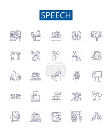 Illustration for Speech line icons signs set. Design collection of Speech, Oral, Address, Oratory, Talk, Lecture, Monologue, Discourse outline vector concept illustrations - Royalty Free Image