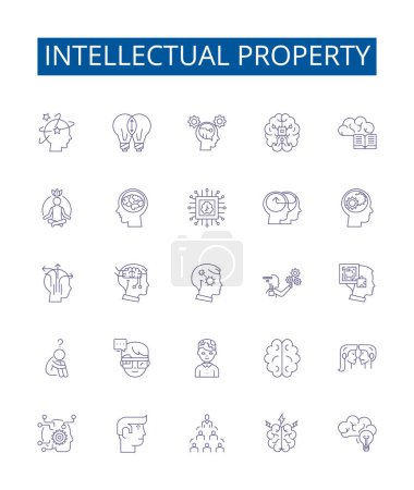 Illustration for Intellectual property line icons signs set. Design collection of IP, Inventions, Patents, Trademarks, Copyright, Infrastructure, Ideas, Know-how outline vector concept illustrations - Royalty Free Image