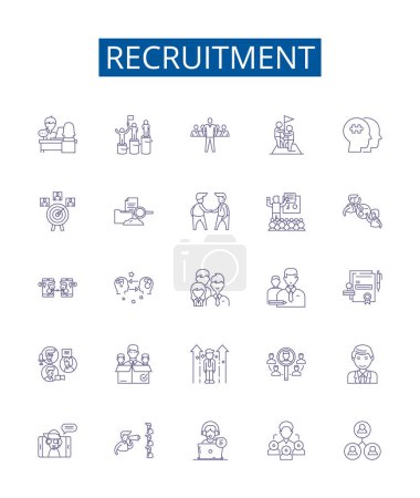 Illustration for Recruitment line icons signs set. Design collection of Hiring, Appoint, Source, Staffing, Engage, Induct, Enlist, Acquire outline vector concept illustrations - Royalty Free Image