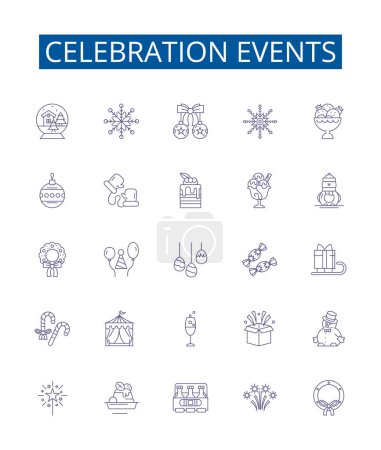 Illustration for Celebration events line icons signs set. Design collection of Festivities, Fete, Gala, Jubilee, Occasion, Ceremony, Carnival, Pageant outline vector concept illustrations - Royalty Free Image