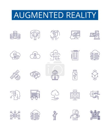Illustration for Augmented reality line icons signs set. Design collection of Augmented, Reality, AR, Technology, 3D, Digital, Interactive, Visualization outline vector concept illustrations - Royalty Free Image