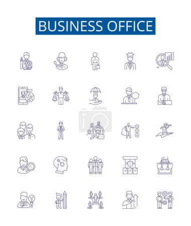 Illustration for Business office line icons signs set. Design collection of Office, Business, Commercial, Desk, Furniture, Equipment, Files, Chairs outline vector concept illustrations - Royalty Free Image