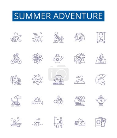 Illustration for Summer adventure line icons signs set. Design collection of Vacation, Trekking, Camping, Hiking, Swimming, River rafting, Kayaking, Exploring outline vector concept illustrations - Royalty Free Image