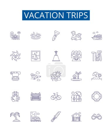 Illustration for Vacation trips line icons signs set. Design collection of Holiday, Excursions, Travels, Getaways, Retreats, Touring, Journeys, Roaming outline vector concept illustrations - Royalty Free Image