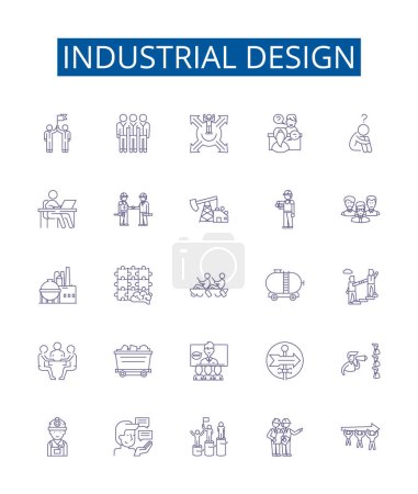 Illustration for Industrial design line icons signs set. Design collection of Industrial, Design, Automation, Fabrication, Robotics, Engineering, Styling, Manufacturing outline vector concept illustrations - Royalty Free Image