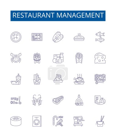 Ilustración de Línea de gestión de restaurantes iconos letreros establecidos. Diseño de la colección de Comedor, Menú, Comida, Personal, Pedidos, Costos, Contabilidad, Esquema de seguridad concepto vectorial ilustraciones - Imagen libre de derechos