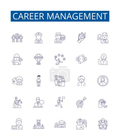 Illustration for Career management line icons signs set. Design collection of Coaching, Planning, Networking, Mentoring, Education, Research, Analysis, Goal setting outline vector concept illustrations - Royalty Free Image