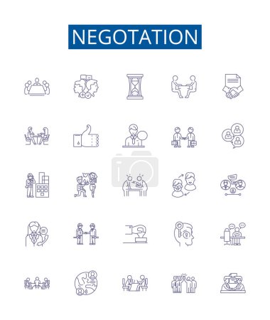 Illustration for Negotation line icons signs set. Design collection of Negotiate, haggle, discuss, bargain, mediate, arbitrate, parley, contend outline vector concept illustrations - Royalty Free Image