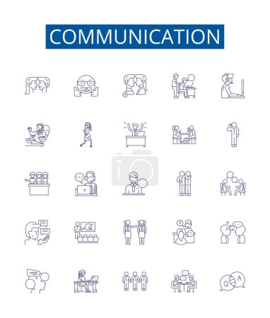 Ilustración de Línea de comunicación iconos signos establecidos. Diseño de la colección de voz, escritura, escucha, señales, conversación, creación de redes, conversación, esquema de expresión vector concepto ilustraciones - Imagen libre de derechos