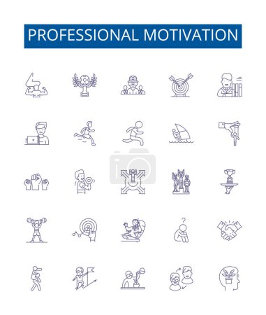 Illustration for Professional motivation line icons signs set. Design collection of Inspiration, Enthusiasm, Determination, Drive, Resolve, Tenacity, Commitment, Aspiration outline vector concept illustrations - Royalty Free Image