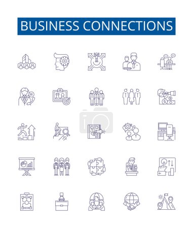 Illustration for Business connections line icons signs set. Design collection of Networking, Linkages, Partnerships, Alliances, Relationships, Collaborations, Contacts, Connections outline vector concept illustrations - Royalty Free Image