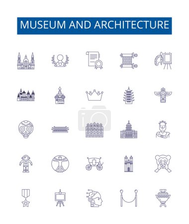 Illustration for Museum and architecture line icons signs set. Design collection of Museum, Architecture, Exhibition, Historic, Art, Antiquities, Relic, Heritage outline vector concept illustrations - Royalty Free Image