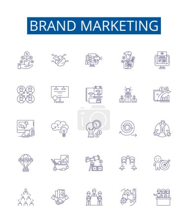 Illustration for Brand marketing line icons signs set. Design collection of Branding, Advertising, Promotion, Targeting, Positioning, Reach, Positioning, Visibility outline vector concept illustrations - Royalty Free Image