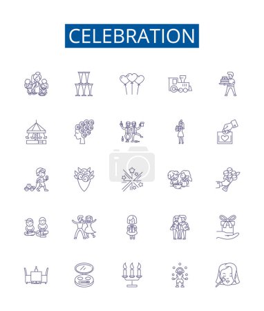Illustration for Celebration line icons signs set. Design collection of Festivity, Jubilee, Rejoicing, merrymaking, Commemoration, Jubilation, Gaiety, Bounce outline vector concept illustrations - Royalty Free Image