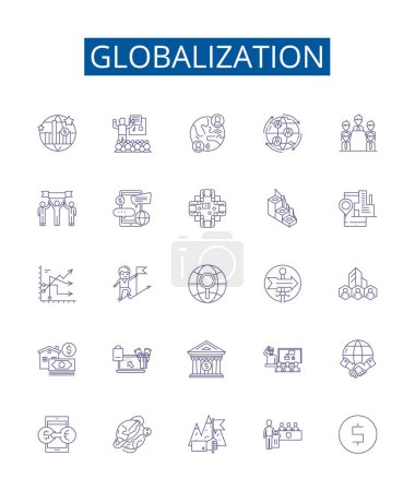 Téléchargez les illustrations : Panneaux des icônes de la ligne de mondialisation. Conception collection de l'internationalisation, Intégration, Libéralisation, Convergence, Multinationales, Libre-échange, Interdépendance, Mobilité esquisse concept vectoriel - en licence libre de droit