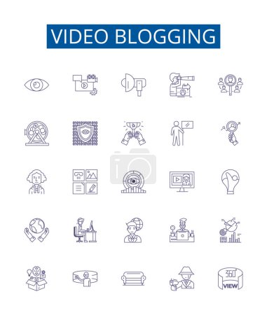 Illustration for Video blogging line icons signs set. Design collection of Vlogging, Video blogging, Videoblogging, Videocasting, Vlogs, Vloggers, Video podcasting, Vodcasting outline vector concept illustrations - Royalty Free Image
