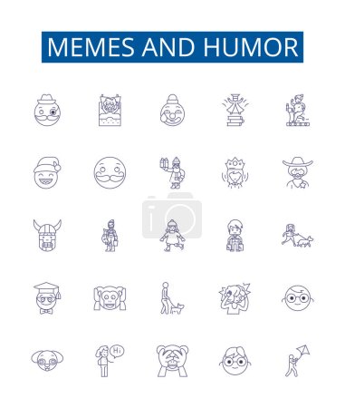 Illustration for Memes and humor line icons signs set. Design collection of Memes, Humor, Comedy, Laughs, Jokes, Pranks, Quips, Comedy outline vector concept illustrations - Royalty Free Image