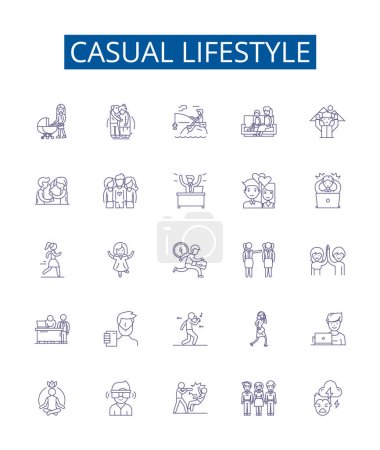 Illustration for Casual lifestyle line icons signs set. Design collection of Casual, Lifestyle, Relaxed, Unstructured, Comfortable, Breezy, Uncomplicated, Carefree outline vector concept illustrations - Royalty Free Image
