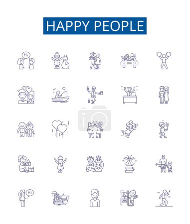 Illustration for Happy people line icons signs set. Design collection of Cheerful, Joyful, Grinning, Content, Gleeful, Carefree, Mirthful, Blissful outline vector concept illustrations - Royalty Free Image