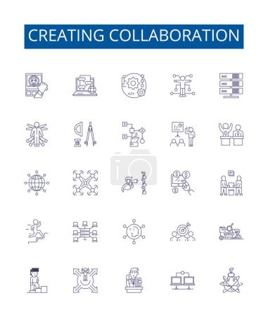 Illustration for Creating collaboration line icons signs set. Design collection of Cooperating, Uniting, Pooling, Teaming, Synchronizing, Syncing, Bonding, Joining outline vector concept illustrations - Royalty Free Image
