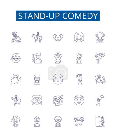 Téléchargez les illustrations : Stand-up icônes de ligne de comédie mis en place. Collection design d'humour, blagues, humoristes, spoofs, punchlines, rires, monologue, illustrations vectorielles de contours d'esprits - en licence libre de droit