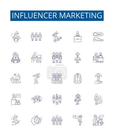 Illustration for Influencer marketing line icons signs set. Design collection of Influencers, Marketing, Social, Media, Content, Platforms, Engagement, Strategy outline vector concept illustrations - Royalty Free Image