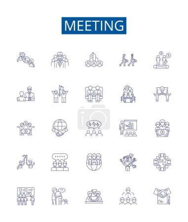 Illustration for Meeting line icons signs set. Design collection of Gathering, Conclave, Conference, Reunion, Forum, Dialogue, Congress, Colloquium outline vector concept illustrations - Royalty Free Image
