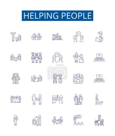 Illustration for Helping people line icons signs set. Design collection of Aid, Assist, Support, Facilitate, Empower, Nurture, Alleviate, Relieve outline vector concept illustrations - Royalty Free Image
