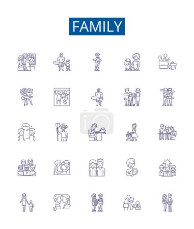 Illustration for Family line icons signs set. Design collection of Kin, Relatives, Clan, Lineage, Descendants, Brood, Tribe, Kinfolk outline vector concept illustrations - Royalty Free Image
