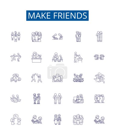 Illustration for Make friends line icons signs set. Design collection of Connect, Mingle, Socialize, Acquaint, Network, Associate, Join, Unite outline vector concept illustrations - Royalty Free Image