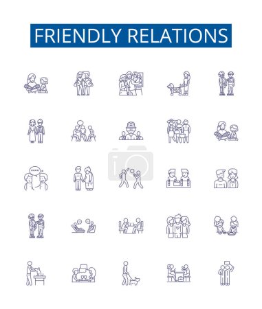 Illustration for Friendly relations line icons signs set. Design collection of Amicable, Cordial, Chummy, Affable, Convivial, Favorable, Amiable, Harmonious outline vector concept illustrations - Royalty Free Image