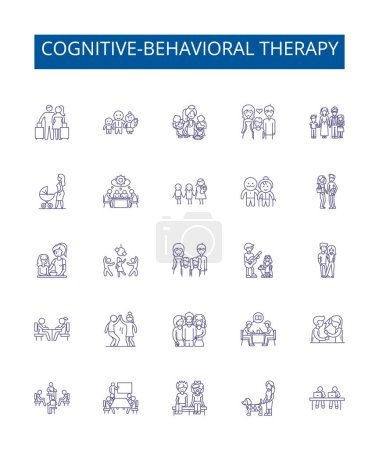 Illustration for Cognitive-behavioral therapy line icons signs set. Design collection of Cognitive Behavioral, Therapy, CBT, Thinking, Thoughts, Feelings, Behaviors, Cognitive outline vector concept illustrations - Royalty Free Image
