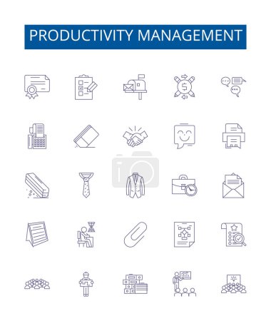 Illustration for Productivity management line icons signs set. Design collection of Timekeeping, Efficiency, Prioritizing, Organizing, Targeting, Scheduling, Tracking, Measuring outline vector concept illustrations - Royalty Free Image