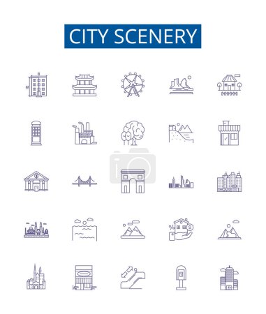Illustration for City scenery line icons signs set. Design collection of Urban, Buildings, Streets, Skyscrapers, Night, People, Skyline, Bridge outline vector concept illustrations - Royalty Free Image