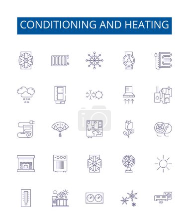 Illustration for Conditioning and heating line icons signs set. Design collection of Conditioning, Heating, Air, Cooling, Ventilation, Fan, Furnace, Heat outline vector concept illustrations - Royalty Free Image