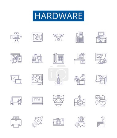 Illustration for Hardware line icons signs set. Design collection of Hardware, Components, Devices, CPUs, Motherboards, RAM, GPU, BIOS outline vector concept illustrations - Royalty Free Image