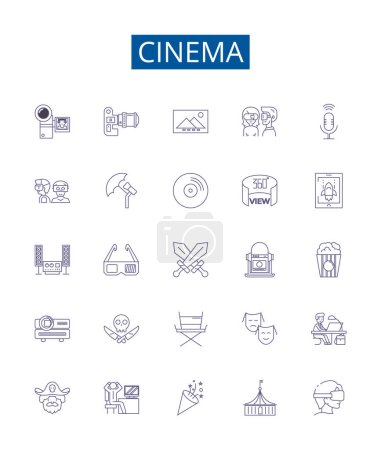Illustration for Cinema line icons signs set. Design collection of Film, Theater, Movie, Showing, Screening, Projection, Reel, Playback outline vector concept illustrations - Royalty Free Image