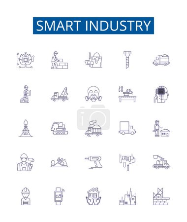 Téléchargez les illustrations : Smart icônes de ligne de l'industrie signes ensemble. Design collection of Industry 40, AI, Automatisation, IoT, Fabrication, Robotique, Numérisation, Illustrations de concepts vectoriels de contours de données - en licence libre de droit