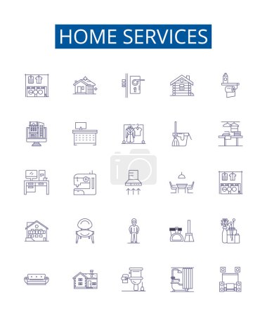Illustration for Home services line icons signs set. Design collection of Homecare, Cleaning, Repair, Maintenance, Plumbing, Heating, Painting, Pest outline vector concept illustrations - Royalty Free Image