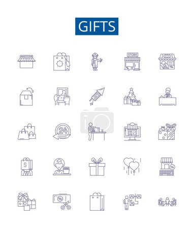 Illustration for Gifts line icons signs set. Design collection of Presents, Favors, Souvenirs, Offerings, Tokens, Bonuses, Packages, Gratuity outline vector concept illustrations - Royalty Free Image