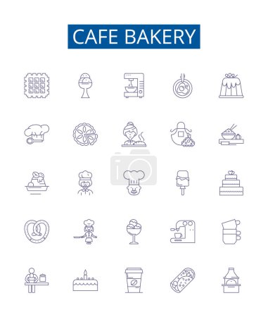 Illustration for Cafe bakery line icons signs set. Design collection of Cafe, Bakery, Coffee, Pastries, Cupcakes, Cookies, Breads, Cakes outline vector concept illustrations - Royalty Free Image