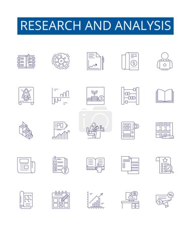 Research and analysis line icons signs set. Design collection of Research, Analysis, Evaluate, Assess, Compare, Examine, Determine, Investigate outline vector concept illustrations