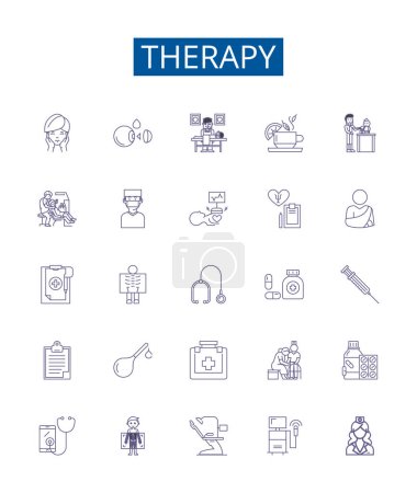Illustration for Therapy line icons signs set. Design collection of Therapy, Counseling, Psychotherapy, Psychodrama, Art, Music, Cognitive, Hypnotherapy outline vector concept illustrations - Royalty Free Image