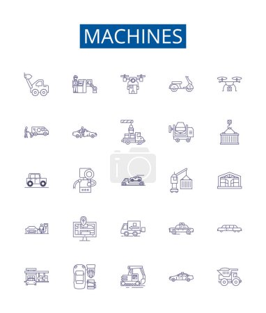 Ilustración de Máquinas línea iconos signos establecidos. Diseño de la colección de robots, autómatas, ordenadores, electrónica, herramientas, motores, aparatos, dispositivos esbozar ilustraciones concepto vectorial - Imagen libre de derechos