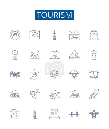 Ilustración de Línea de turismo iconos letreros establecidos. Diseño de la colección de Viajes, Turismo, Vacaciones, Vacaciones, Aventura, Hoteles, Explorando, Viajes esbozar ilustraciones concepto vectorial - Imagen libre de derechos