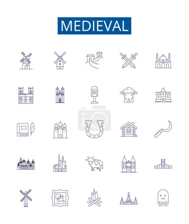 Illustration for Medieval line icons signs set. Design collection of Medieval, Knights, Castles, Armor, Monarchs, Feudalism, Crusades, Churches outline vector concept illustrations - Royalty Free Image