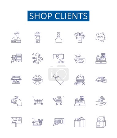 Illustration for Shop clients line icons signs set. Design collection of Customers, buyers, shoppers, patrons, consumers, attendees, guests, subscribers outline vector concept illustrations - Royalty Free Image