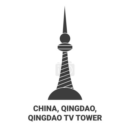 Illustration for China, Qingdao, Qingdao Tv Tower travel landmark line vector illustration - Royalty Free Image